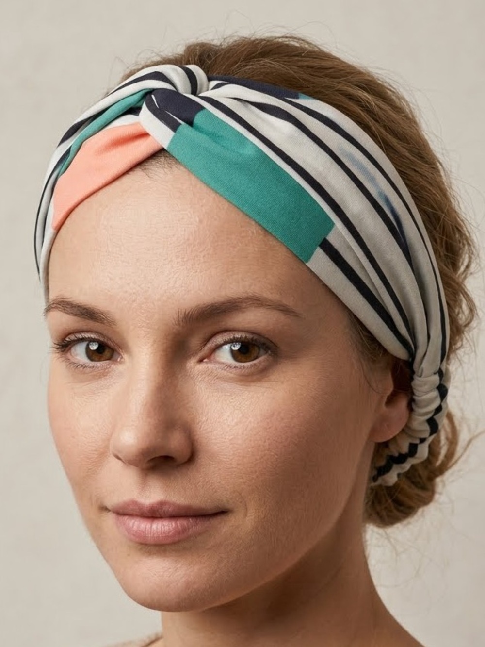 Natasha Color-Block Navy Striped Twist Headband with Coral and Teal Accents NEW